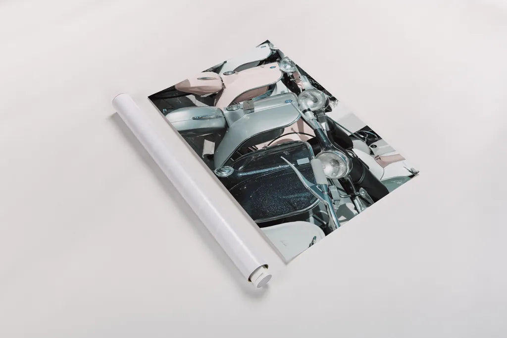 Italian Scooter III by Deborah Revell. shown as a rolled paper print. Available as archival giclee rolled canvas, fine art paper, or poster print. SKU 91134i.