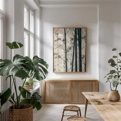 Japanese Bamboo I by Deborah Revell. shown as a print in a natural wood frame in a dining room. Available as a archival giclee rolled canvas, fine art paper, or poster print. SKU 100074h.