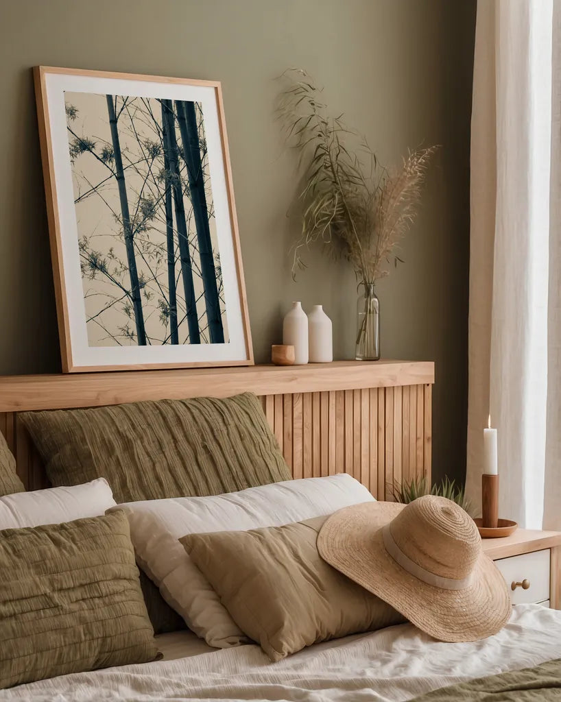 Japanese Bamboo I by Deborah Revell. shown as a paper print in a natural frame. Available as a archival giclee rolled canvas, fine art paper, or poster print. SKU 100074h.