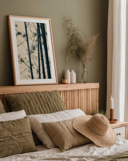 Japanese Bamboo I by Deborah Revell. shown as a paper print in a natural frame. Available as a archival giclee rolled canvas, fine art paper, or poster print. SKU 100074h.