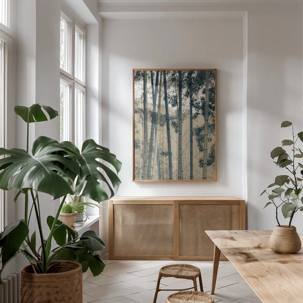 Japanese Bamboo II by Deborah Revell. shown as a print in a natural wood frame in a dining room. Available as a archival giclee rolled canvas, fine art paper, or poster print. SKU 100075h.