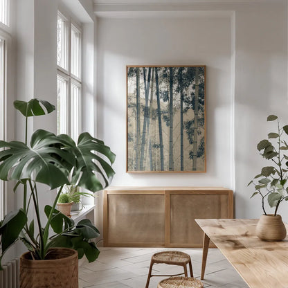 Japanese Bamboo II by Deborah Revell. shown as a print in a natural wood frame in a dining room. Available as a archival giclee rolled canvas, fine art paper, or poster print. SKU 100075h.