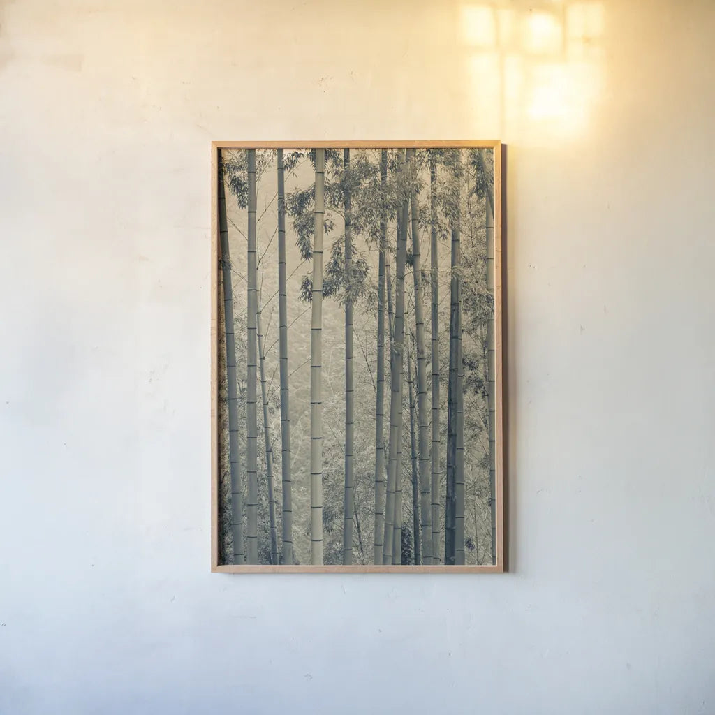 Japanese Bamboo III by Deborah Revell. shown as a paper print in a natural frame. Available as a archival giclee rolled canvas, fine art paper, or poster print. SKU 100076h.
