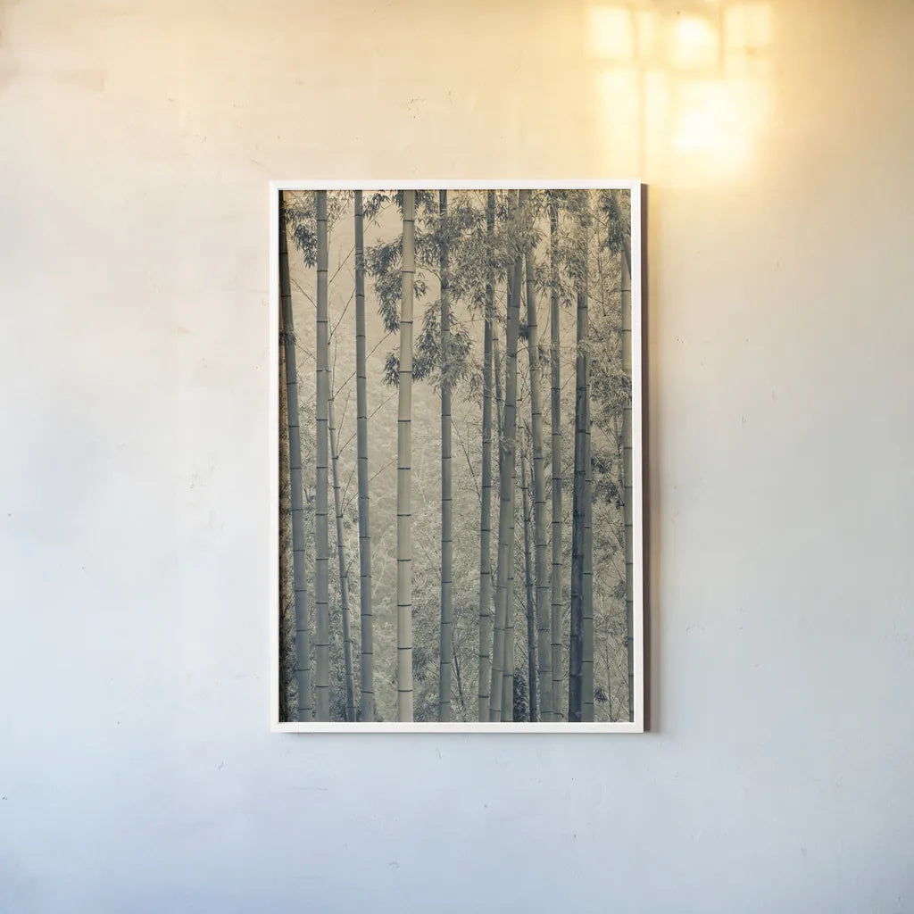 Japanese Bamboo III by Deborah Revell. shown as a paper print in a white frame. Available as a archival giclee rolled canvas, fine art paper, or poster print. SKU 100076h.