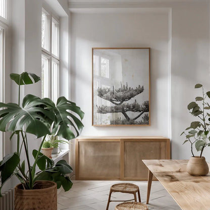 Japanese Tree by Deborah Revell. shown as a print in a natural wood frame in a dining room. Available as a archival giclee rolled canvas, fine art paper, or poster print. SKU 100052h.