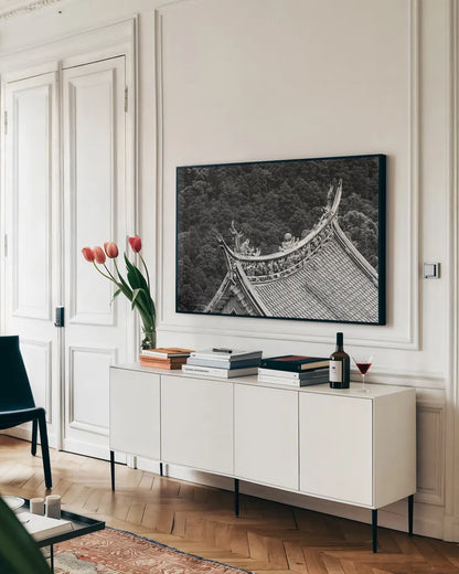 Kawara Roof I by Deborah Revell. shown as a framed stretched canvas in a living room above a console. Available as a archival giclee rolled canvas, fine art paper, or poster print. SKU 100063i.