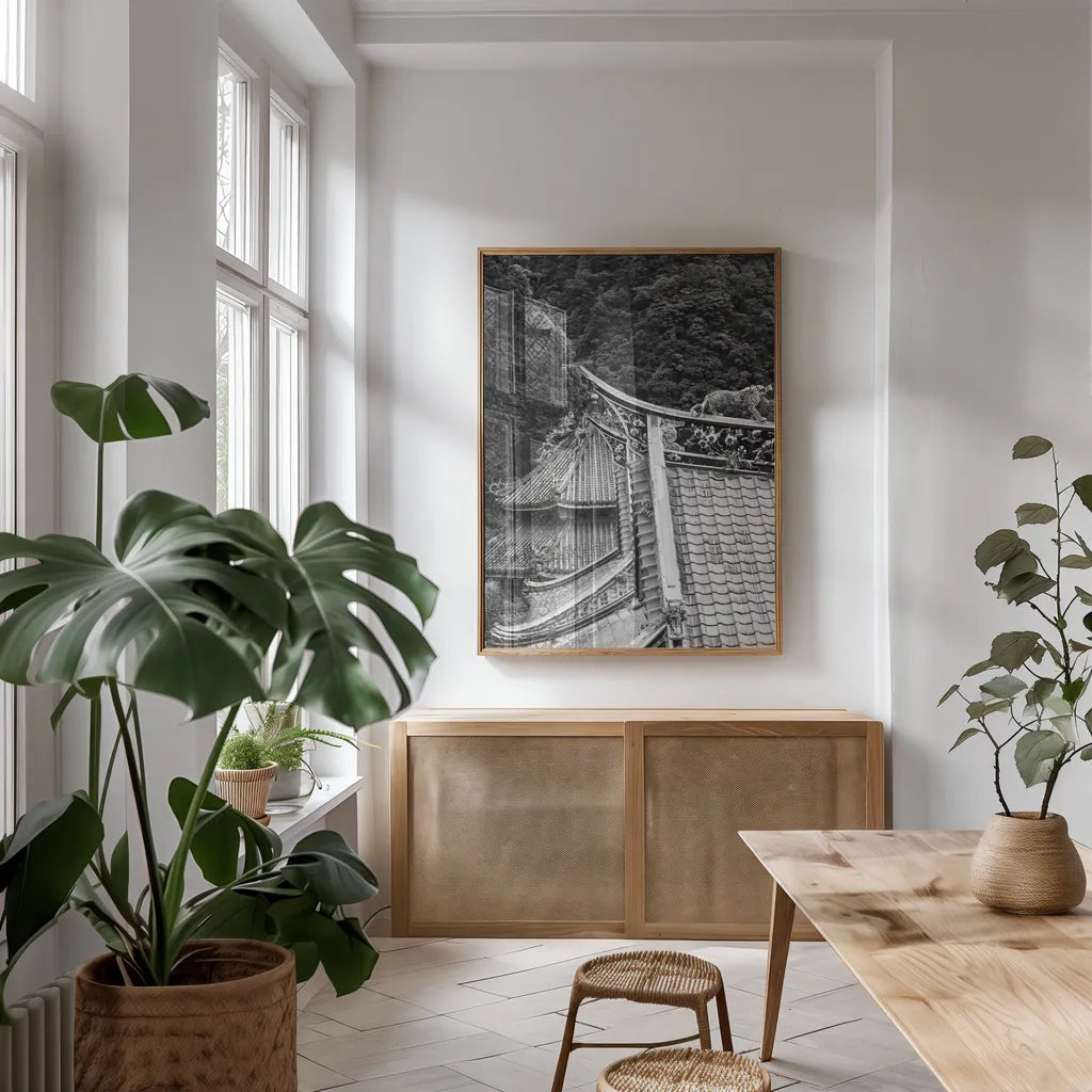 Kawara Roof III by Deborah Revell. shown as a print in a natural wood frame in a dining room. Available as a archival giclee rolled canvas, fine art paper, or poster print. SKU 100065h.