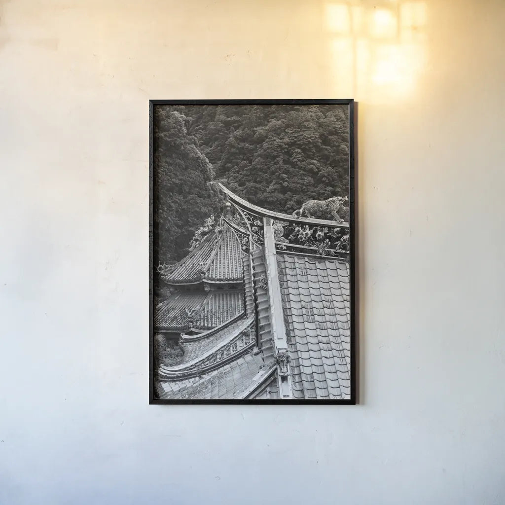 Kawara Roof III by Deborah Revell. shown as a paper print in a black flame. Available as a archival giclee rolled canvas, fine art paper, or poster print. SKU 100065h.