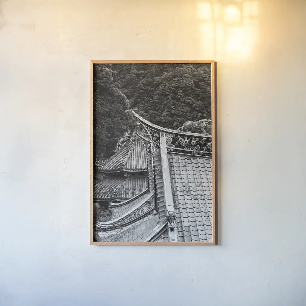 Kawara Roof III by Deborah Revell. shown as a paper print in a natural frame. Available as a archival giclee rolled canvas, fine art paper, or poster print. SKU 100065h.