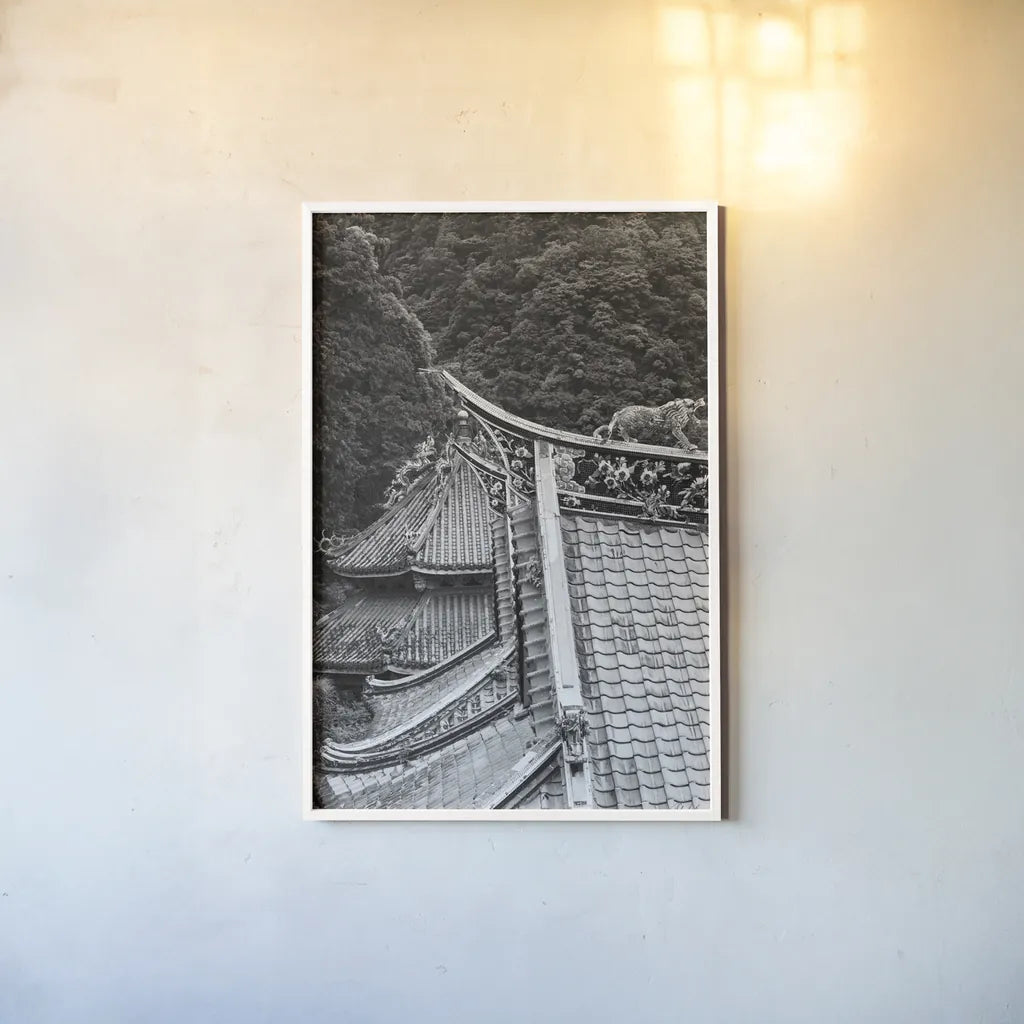 Kawara Roof III by Deborah Revell. shown as a paper print in a white frame. Available as a archival giclee rolled canvas, fine art paper, or poster print. SKU 100065h.