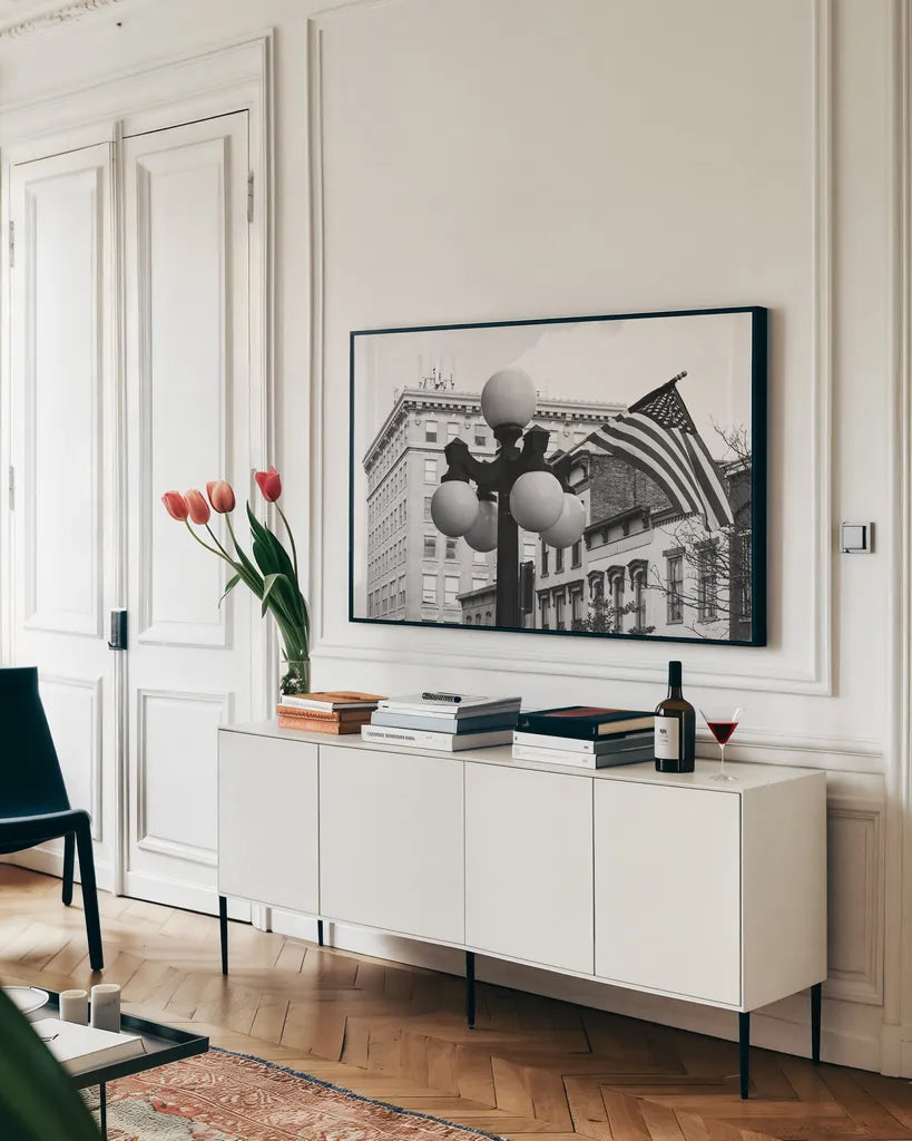 Kentucky Flag by Deborah Revell. shown as a framed stretched canvas in a living room above a console. Available as a archival giclee rolled canvas, fine art paper, or poster print. SKU 94191i.