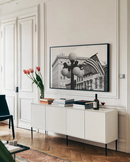 Kentucky Flag by Deborah Revell. shown as a framed stretched canvas in a living room above a console. Available as a archival giclee rolled canvas, fine art paper, or poster print. SKU 94191i.