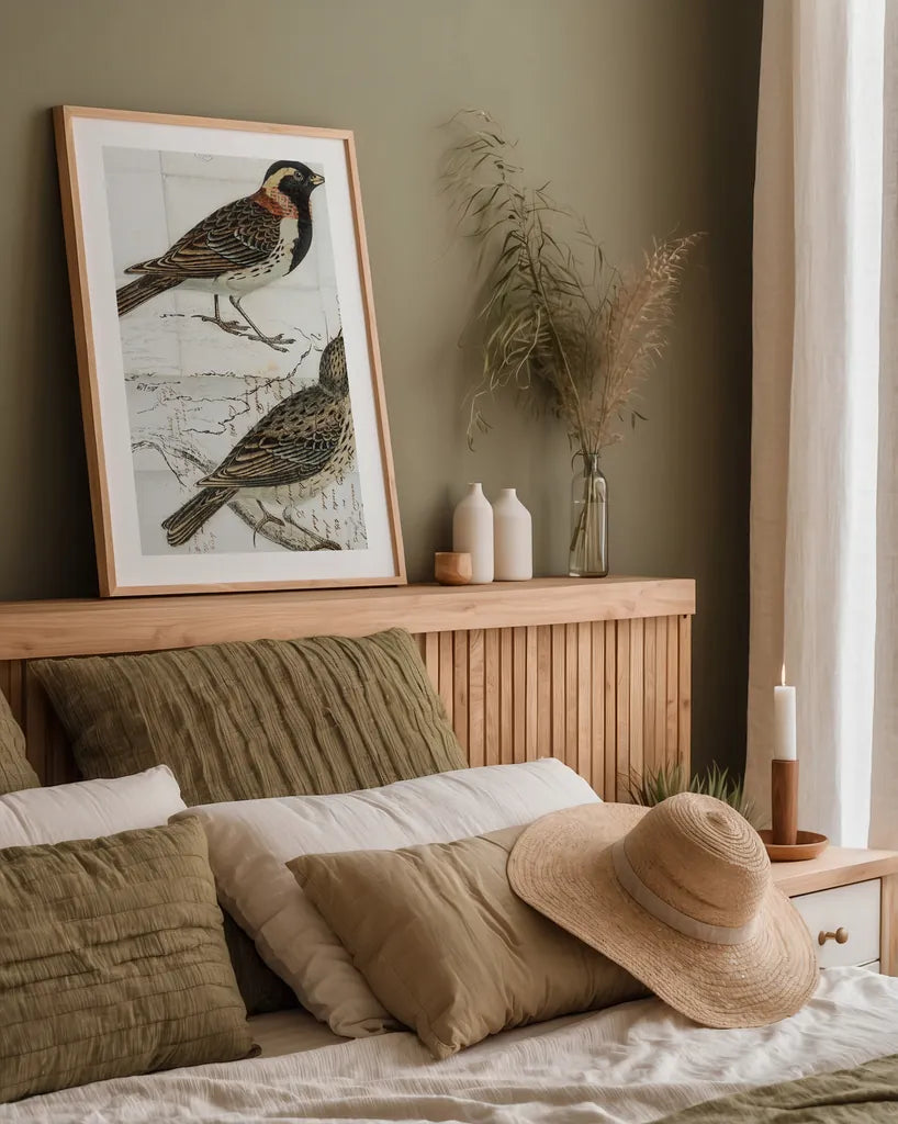 Lapland Bunting by Deborah Revell. shown as a paper print in a natural frame. Available as a archival giclee rolled canvas, fine art paper, or poster print. SKU 101634h.