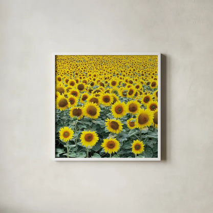 Le Loire Sunflower Field by Deborah Revell. Shown in a crisp white glass frame for a clean and minimalist style. Available as an archival giclee rolled canvas, fine art paper, or poster print. SKU 96592a.
