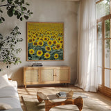 Le Loire Sunflower Field by Deborah Revell. Shown in a natural wood frame in a cozy modern living room. Available as an archival giclee rolled canvas, fine art paper, or poster print. SKU 96592a.
