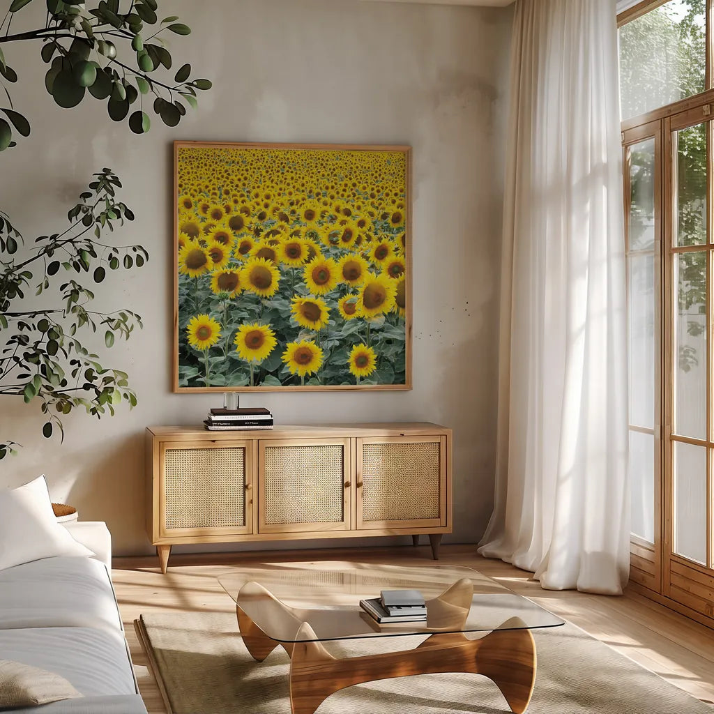 Le Loire Sunflower Field by Deborah Revell. Shown in a natural wood frame in a cozy modern living room. Available as an archival giclee rolled canvas, fine art paper, or poster print. SKU 96592a.