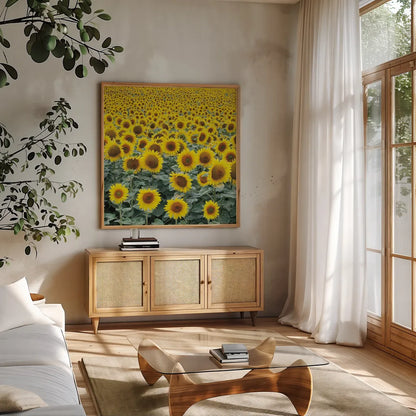 Le Loire Sunflower Field by Deborah Revell. Shown in a natural wood frame in a cozy modern living room. Available as an archival giclee rolled canvas, fine art paper, or poster print. SKU 96592a.