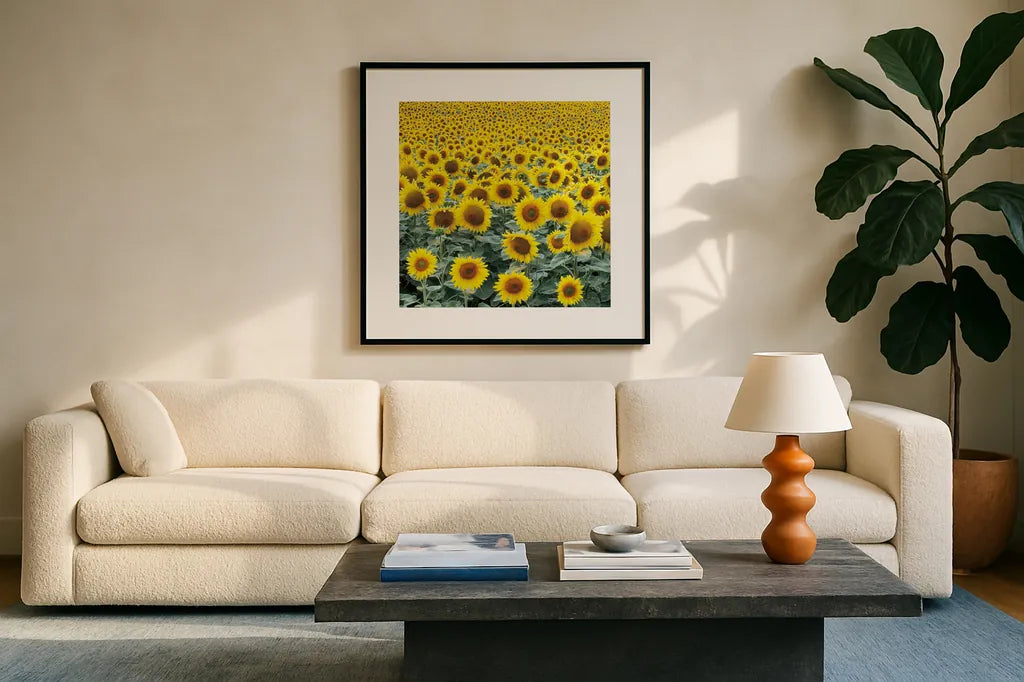 Le Loire Sunflower Field by Deborah Revell. Displayed in a glass frame with matte in a clean modern living room. Available as an archival giclee rolled canvas, fine art paper, or poster print. SKU 96592a.