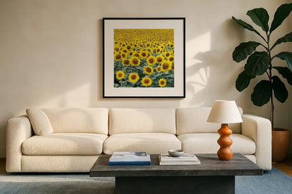 Le Loire Sunflower Field by Deborah Revell. Displayed in a glass frame with matte in a clean modern living room. Available as an archival giclee rolled canvas, fine art paper, or poster print. SKU 96592a.