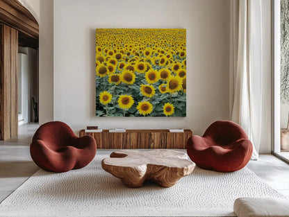 Le Loire Sunflower Field by Deborah Revell. Shown as extra-large giant wall art in a modern living room. Available as an archival giclee rolled canvas, fine art paper, or poster print. SKU 96592a.