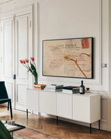 Letters to My Love II by Deborah Revell. shown as a framed stretched canvas in a living room above a console. Available as a archival giclee rolled canvas, fine art paper, or poster print. SKU 95480i.