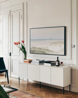 Light and Sand II by Deborah Revell. shown as a framed stretched canvas in a living room above a console. Available as a archival giclee rolled canvas, fine art paper, or poster print. SKU 101049i.