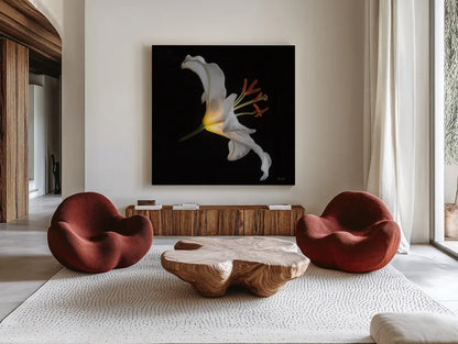Lily Light Square by Deborah Revell. Shown as extra-large giant wall art in a modern living room. Available as an archival giclee rolled canvas, fine art paper, or poster print. SKU 95329a.