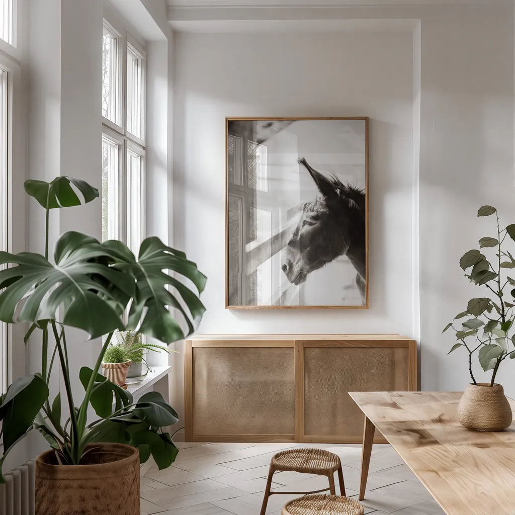 Little Donkey I by Deborah Revell. shown as a print in a natural wood frame in a dining room. Available as a archival giclee rolled canvas, fine art paper, or poster print. SKU 100657h.