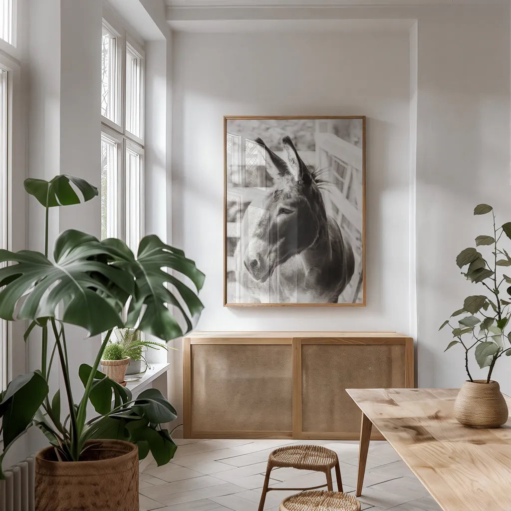 Little Donkey II by Deborah Revell. shown as a print in a natural wood frame in a dining room. Available as a archival giclee rolled canvas, fine art paper, or poster print. SKU 100658h.