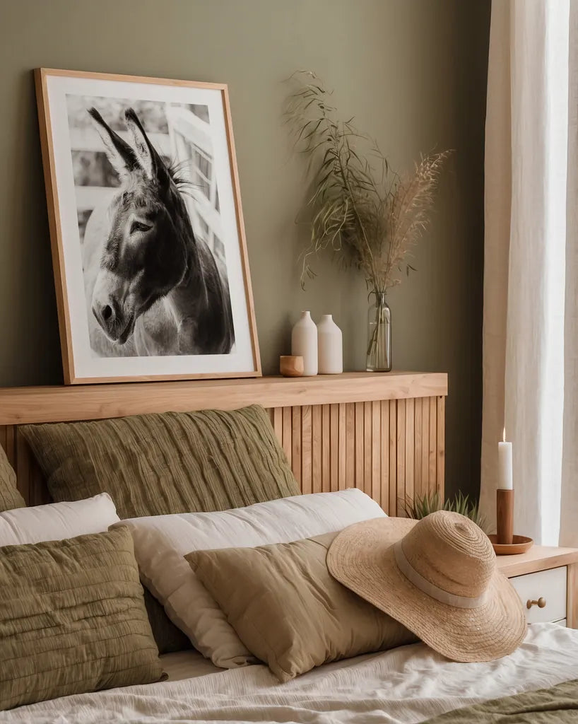 Little Donkey II by Deborah Revell. shown as a paper print in a natural frame. Available as a archival giclee rolled canvas, fine art paper, or poster print. SKU 100658h.