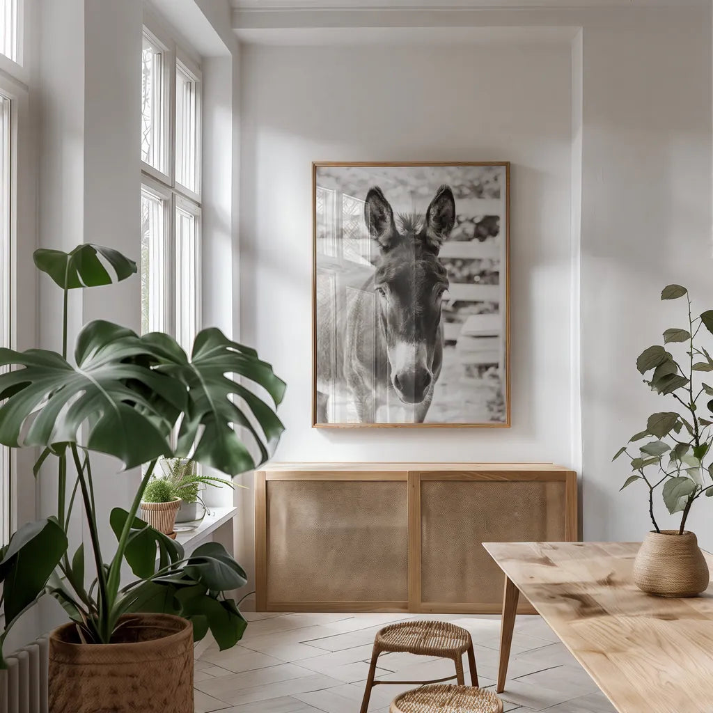 Little Donkey III by Deborah Revell. shown as a print in a natural wood frame in a dining room. Available as a archival giclee rolled canvas, fine art paper, or poster print. SKU 100659h.