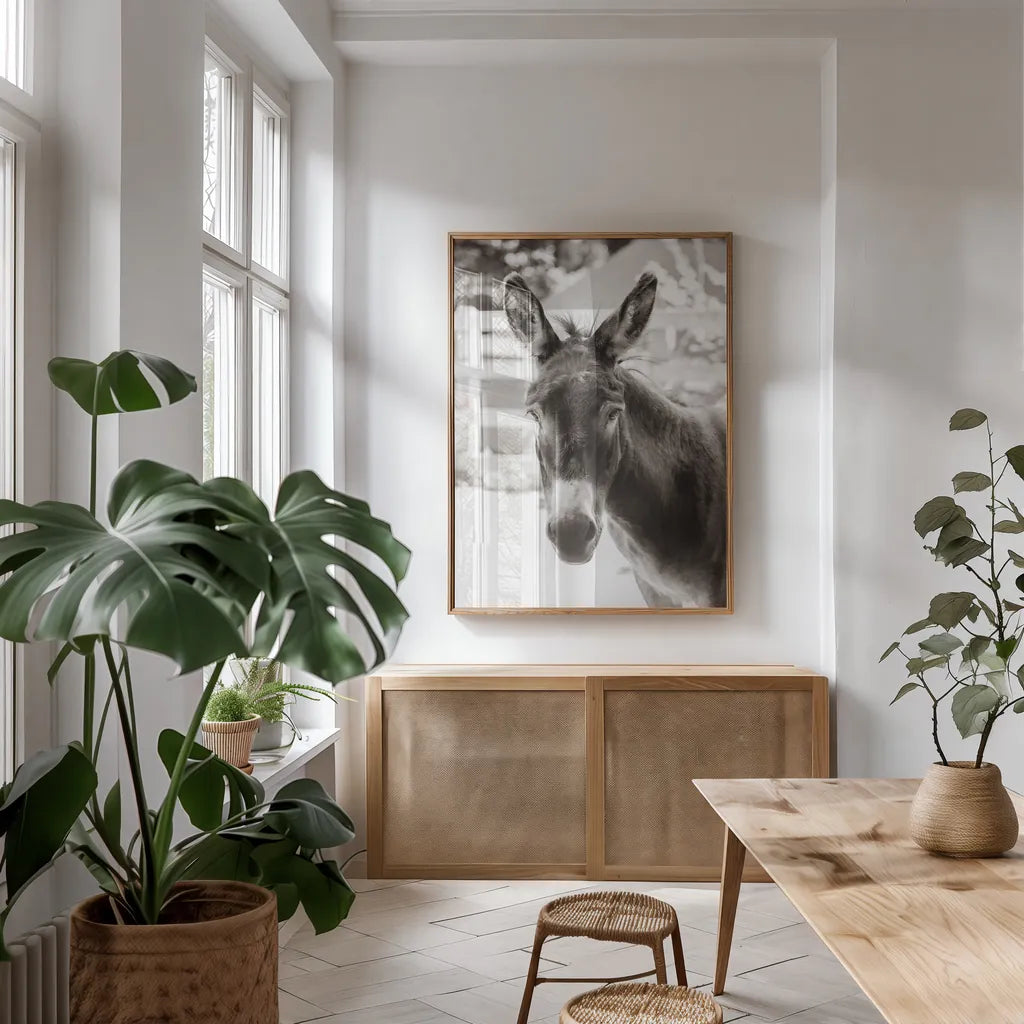 Little Donkey IV by Deborah Revell. shown as a print in a natural wood frame in a dining room. Available as a archival giclee rolled canvas, fine art paper, or poster print. SKU 100660h.