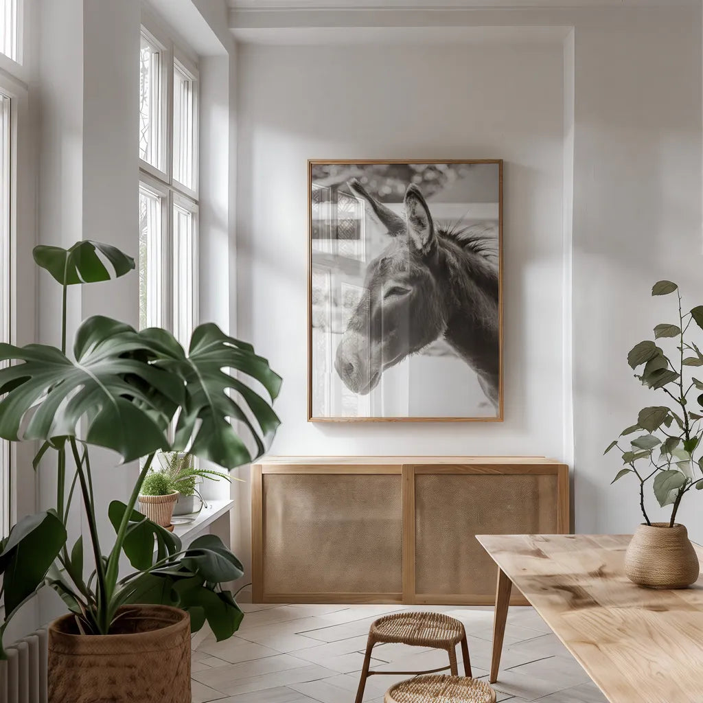 Little Donkey V by Deborah Revell. shown as a print in a natural wood frame in a dining room. Available as a archival giclee rolled canvas, fine art paper, or poster print. SKU 100661h.