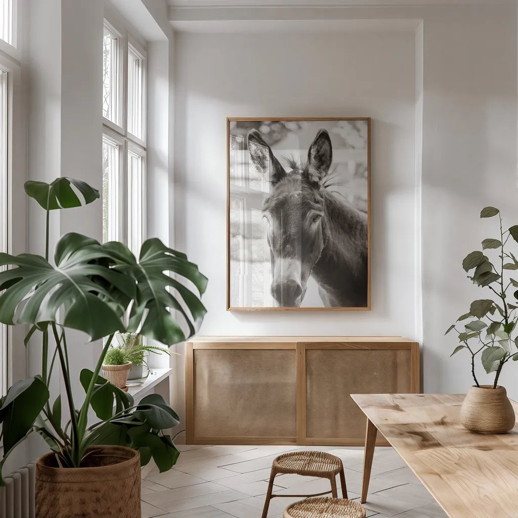 Little Donkey VI by Deborah Revell. shown as a print in a natural wood frame in a dining room. Available as a archival giclee rolled canvas, fine art paper, or poster print. SKU 100662h.