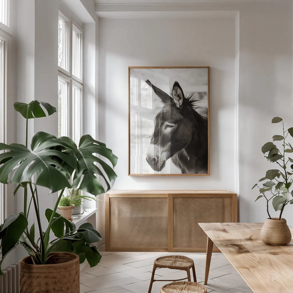 Little Donkey VII by Deborah Revell. shown as a print in a natural wood frame in a dining room. Available as a archival giclee rolled canvas, fine art paper, or poster print. SKU 100663h.