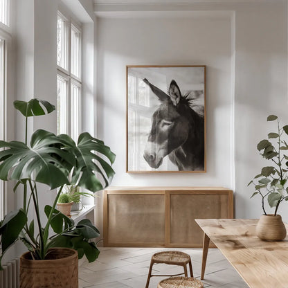 Little Donkey VII by Deborah Revell. shown as a print in a natural wood frame in a dining room. Available as a archival giclee rolled canvas, fine art paper, or poster print. SKU 100663h.