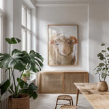 Little Lamb by Deborah Revell. shown as a print in a natural wood frame in a dining room. Available as a archival giclee rolled canvas, fine art paper, or poster print. SKU 96305h.
