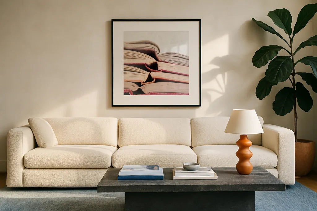 Livres Rouge by Deborah Revell. Displayed in a glass frame with matte in a clean modern living room. Available as an archival giclee rolled canvas, fine art paper, or poster print. SKU 96920a.