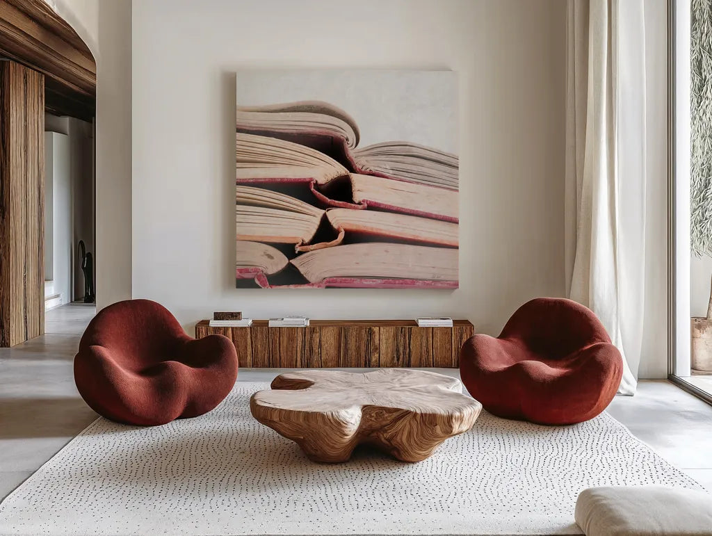 Livres Rouge by Deborah Revell. Shown as extra-large giant wall art in a modern living room. Available as an archival giclee rolled canvas, fine art paper, or poster print. SKU 96920a.