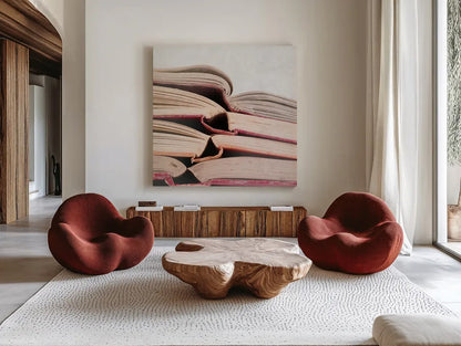 Livres Rouge by Deborah Revell. Shown as extra-large giant wall art in a modern living room. Available as an archival giclee rolled canvas, fine art paper, or poster print. SKU 96920a.