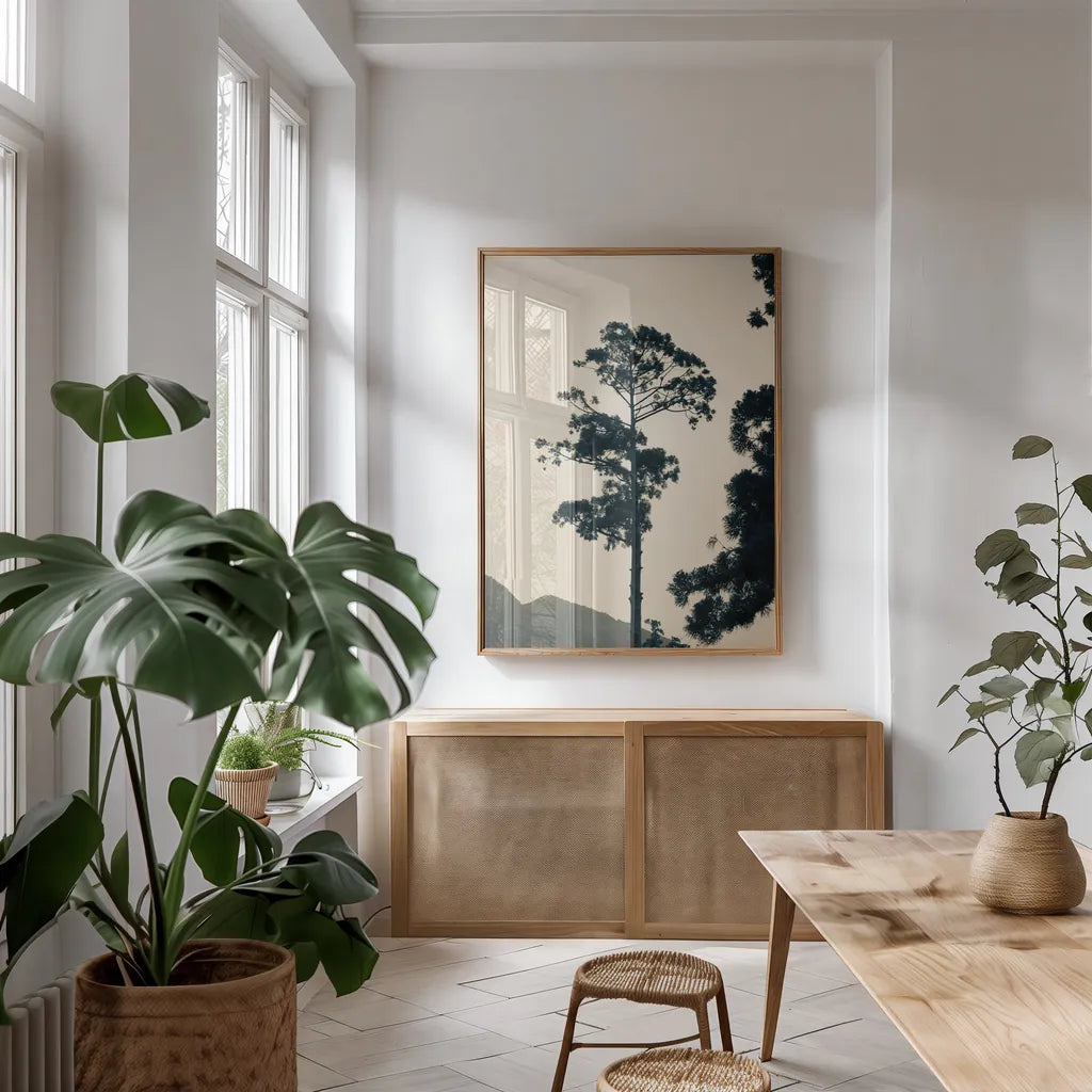 Lone Tree Japan by Deborah Revell. shown as a print in a natural wood frame in a dining room. Available as a archival giclee rolled canvas, fine art paper, or poster print. SKU 100073h.