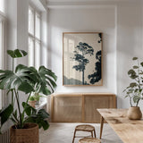 Lone Tree Japan by Deborah Revell. shown as a print in a natural wood frame in a dining room. Available as a archival giclee rolled canvas, fine art paper, or poster print. SKU 100073h.