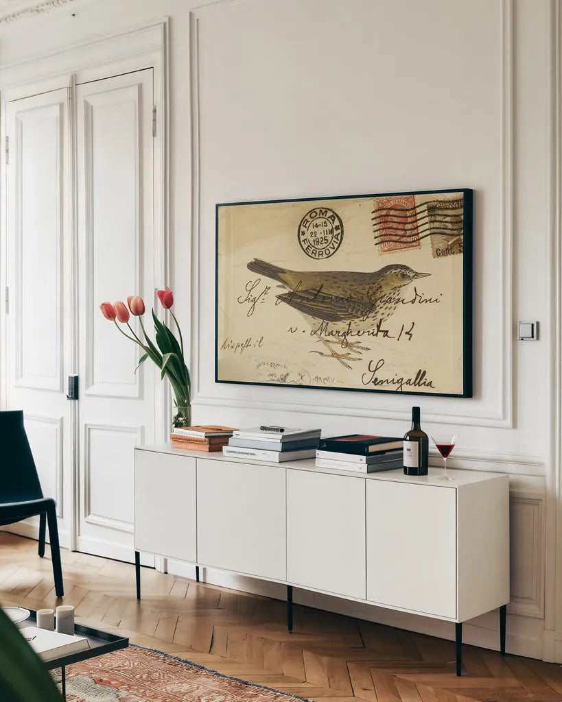 Meadow Pipit by Deborah Revell. shown as a framed stretched canvas in a living room above a console. Available as a archival giclee rolled canvas, fine art paper, or poster print. SKU 101619i.