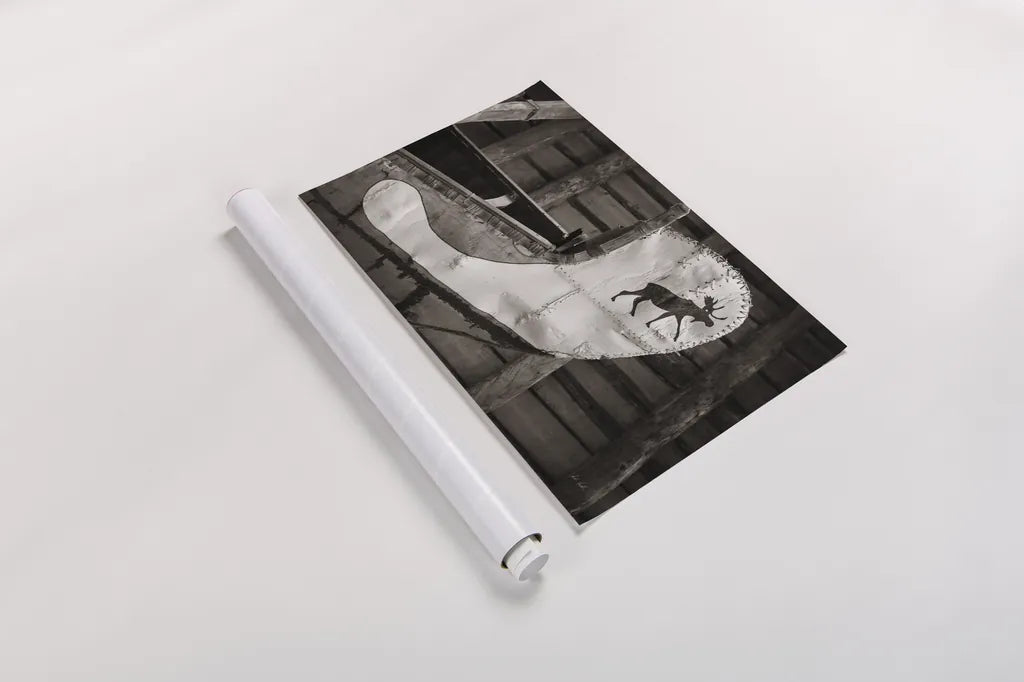 Moose Canoe by Deborah Revell. shown as a rolled paper print. Available as archival giclee rolled canvas, fine art paper, or poster print. SKU 96602i.