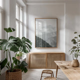 Morning Mist I by Deborah Revell. shown as a print in a natural wood frame in a dining room. Available as a archival giclee rolled canvas, fine art paper, or poster print. SKU 92030h.