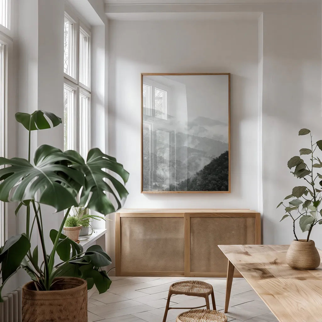 Morning Mist II by Deborah Revell. shown as a print in a natural wood frame in a dining room. Available as a archival giclee rolled canvas, fine art paper, or poster print. SKU 92031h.