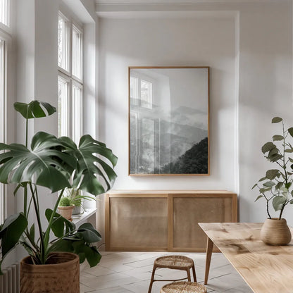 Morning Mist II by Deborah Revell. shown as a print in a natural wood frame in a dining room. Available as a archival giclee rolled canvas, fine art paper, or poster print. SKU 92031h.