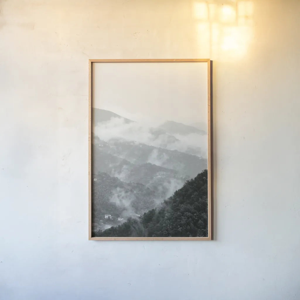 Morning Mist II by Deborah Revell. shown as a paper print in a natural frame. Available as a archival giclee rolled canvas, fine art paper, or poster print. SKU 92031h.