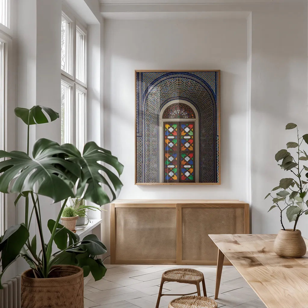 Morocco II by Deborah Revell. shown as a print in a natural wood frame in a dining room. Available as a archival giclee rolled canvas, fine art paper, or poster print. SKU 94343h.