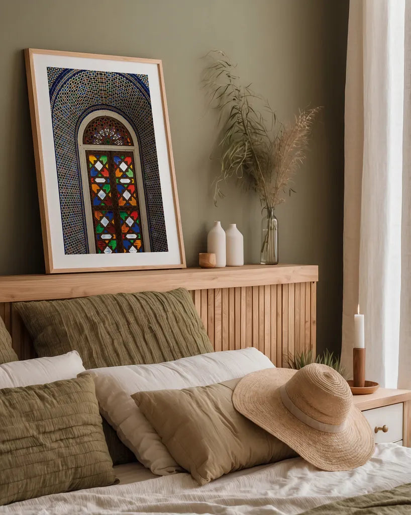 Morocco II by Deborah Revell. shown as a paper print in a natural frame. Available as a archival giclee rolled canvas, fine art paper, or poster print. SKU 94343h.